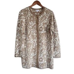 Isaac Mizrahi Button Cardigan Women's Small Brown Tan Damask Jacquard Thick Long